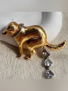 Gold Dog Charm Pendant with Heart Rhinestones